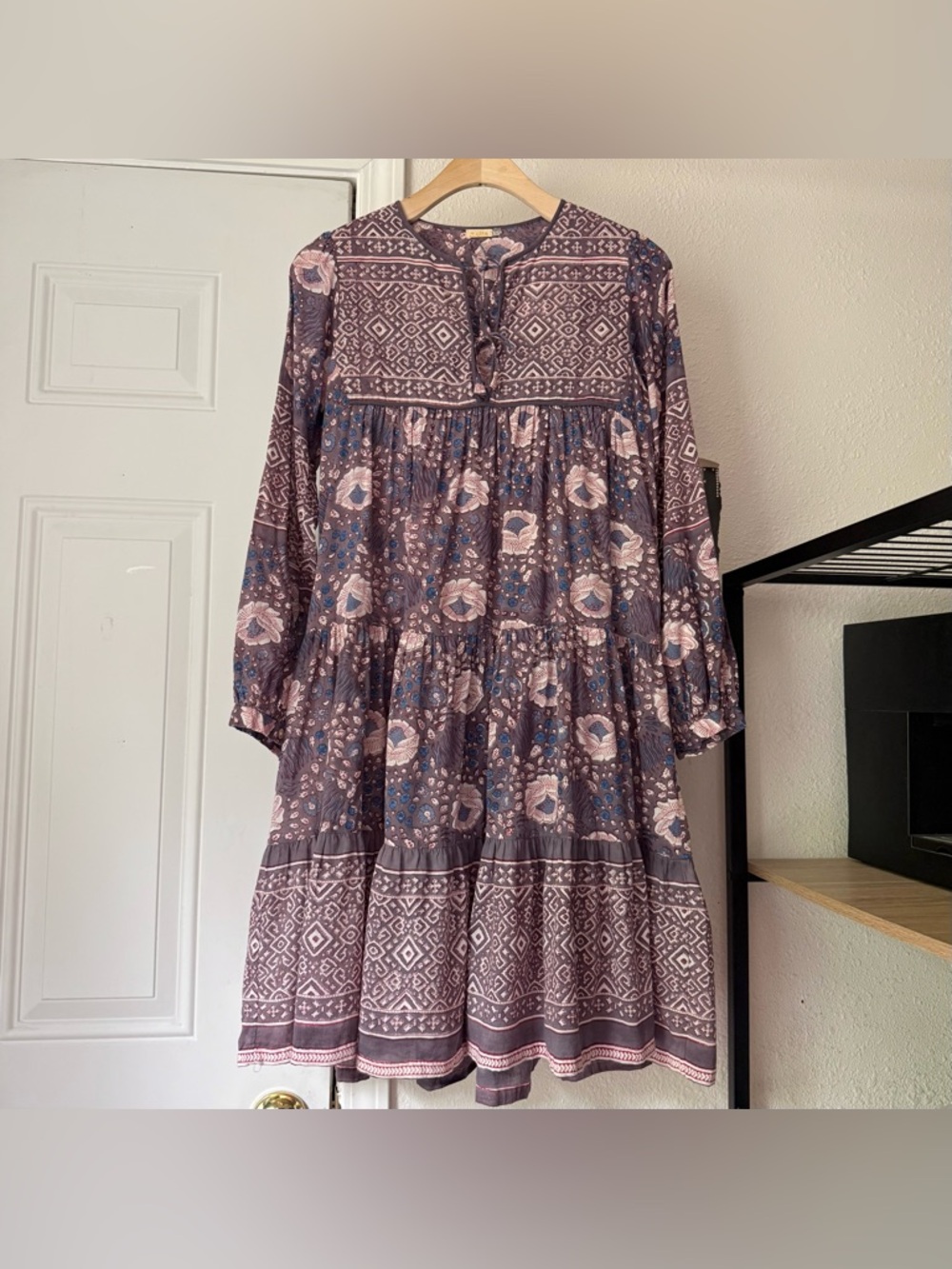 MATTA mauve pink navy floral boho geo tiered puff long sleeve mini dress